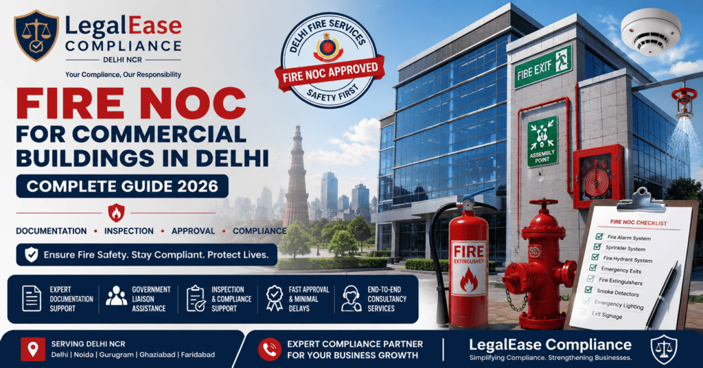 Fire NOC for Commercial Buildings in Delhi 2026 – Complete Fire Safety Compliance and Delhi Fire Services Approval Guide by LegalEase Compliance